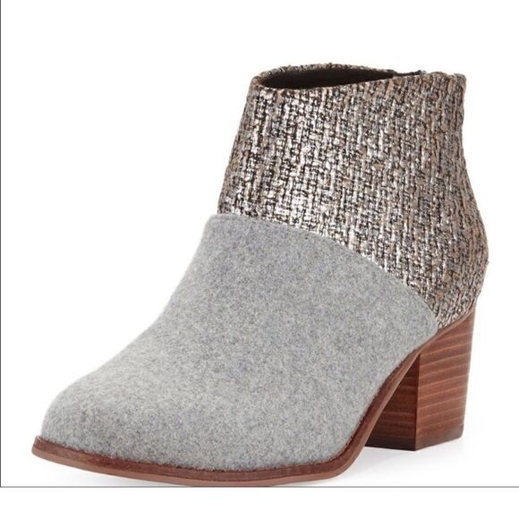 Toms Leila Grey And Silver Metallic Ankle Tweed Grey Wool booties. Size 7.5. - Picture 1 of 12